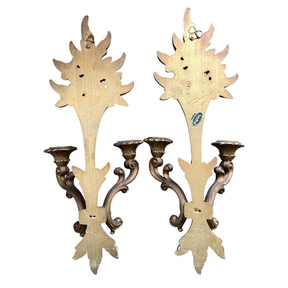 Vintage 1950s Pair of Syroco Wood 2 Arm Wall Sconces Gold Gilt Hollywood Regency - Picture 6 of 11